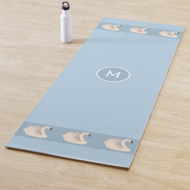 Elegant Swans & Monogram on Light Blue Yoga Mat (In Situ)