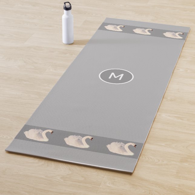 Elegant Swans & Monogram on Light Silver Gray Yoga Mat (In Situ)
