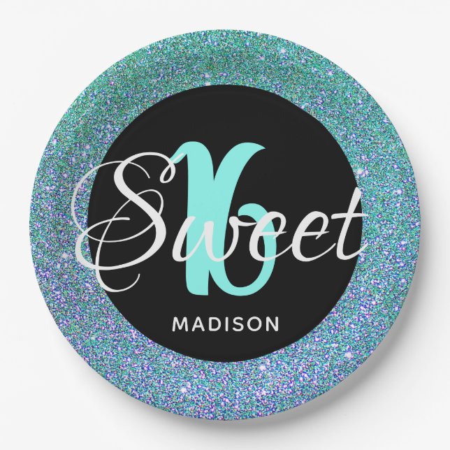 Elegant Sweet 16 Aqua Blue Glitter Personalized Paper Plates (Front)