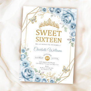 Elegant Sweet 16 Baby Blue Roses Gold Invitation
