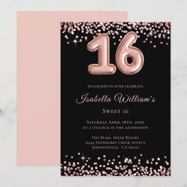Elegant Sweet 16 Birthday Balloon Black Glitter Invitation (Front/Back)