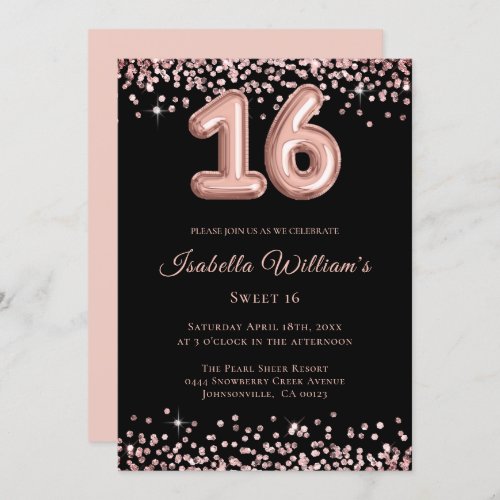 Elegant Sweet 16 Birthday Balloon Black Glitter Invitation