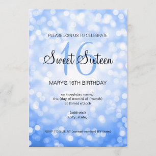 Elegant Sweet 16 Birthday Blue Glitter Lights Invitation