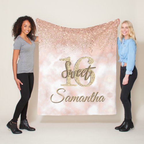 Elegant Sweet 16 Birthday Blush Pink Gold Glitter Fleece Blanket