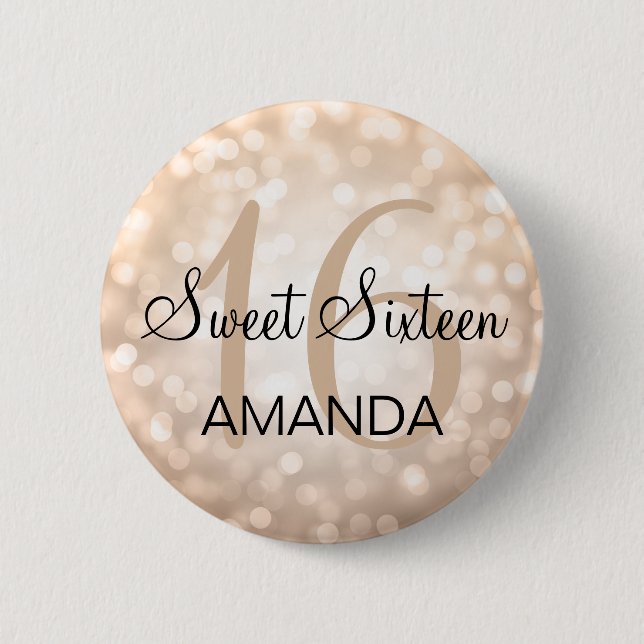Elegant Sweet 16 Birthday Copper Glitter Lights Button (Front)