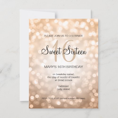 Elegant Sweet 16 Birthday Copper Glitter Lights 4.25x5.5 Paper Invitation Card