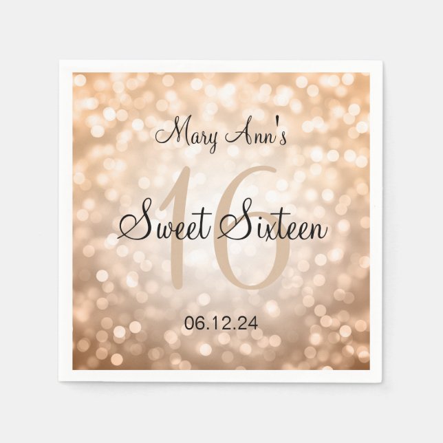 Elegant Sweet 16 Birthday Copper Glitter Lights Paper Napkins (Front)