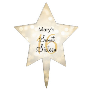Elegant Sweet 16 Birthday Gold Glitter Lights Cake Topper