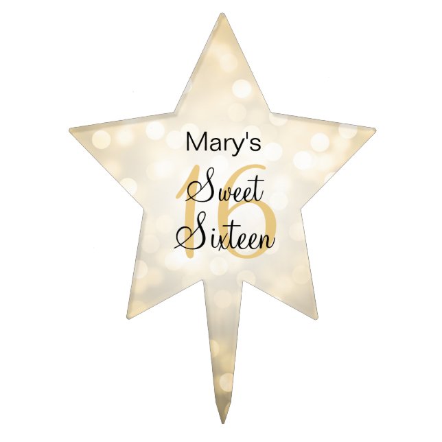 Elegant Sweet 16 Birthday Gold Glitter Lights Cake Topper (Front)