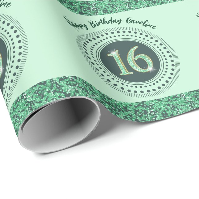 Elegant Sweet 16 Birthday, Green Glitter & Stripes Wrapping Paper (Roll Corner)