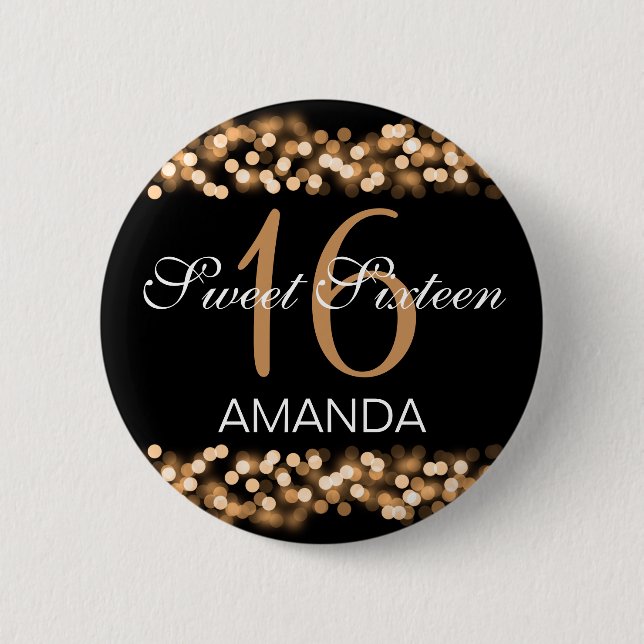 Elegant Sweet 16 Birthday Hollywood Glam Gold Button (Front)