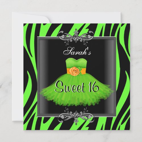 Elegant Sweet 16 Birthday Lime Zebra Black Dress Invitation