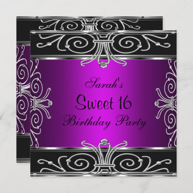 Elegant Sweet 16 Birthday Magenta Black Silver Invitation (Front/Back)