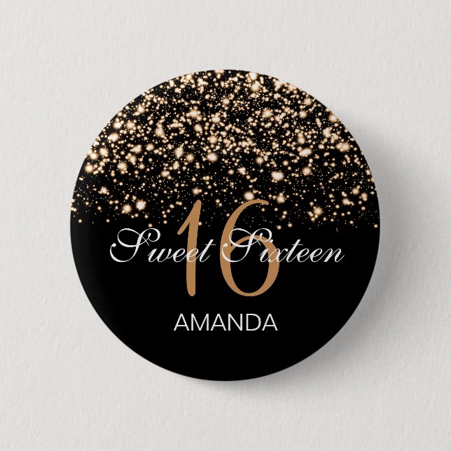 Elegant Sweet 16 Birthday Midnight Glam Gold Button (Front)