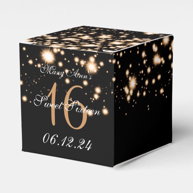 Elegant Sweet 16 Birthday Midnight Glam Gold Favor Boxes (Front Side)
