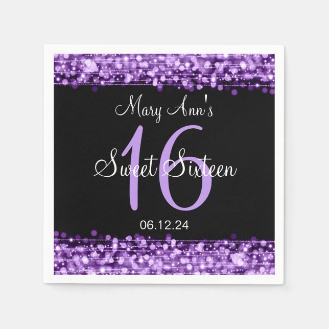 Elegant Sweet 16 Birthday Party Sparkles Purple Napkins (Front)
