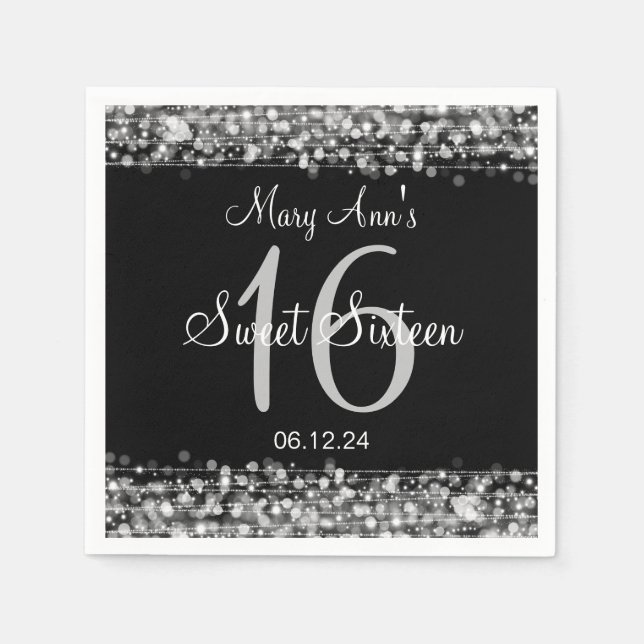 Elegant Sweet 16 Birthday Party Sparkles Silver Paper Napkins (Front)