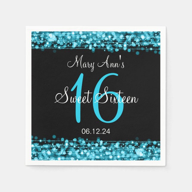 Elegant Sweet 16 Birthday Party Sparkles Turquoise Paper Napkins (Front)