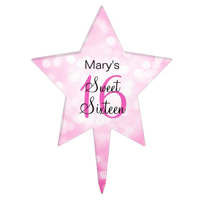 Elegant Sweet 16 Birthday Pink Glitter Lights Cake Topper (Front)