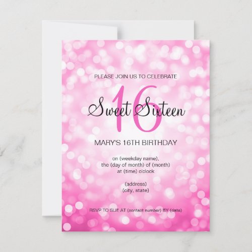 Elegant Sweet 16 Birthday Pink Glitter Lights 4.25x5.5 Paper Invitation Card