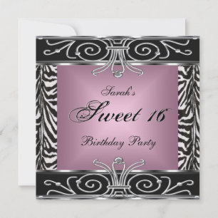 Elegant Sweet 16 Birthday Pink Zebra Black Silver Invitation