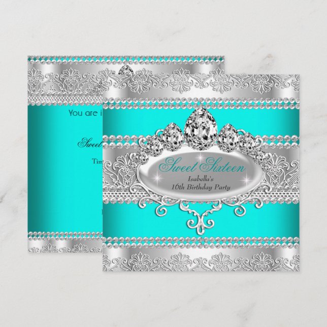 Elegant Sweet 16 Birthday Princess Teal Blue Tiara Invitation (Front/Back)