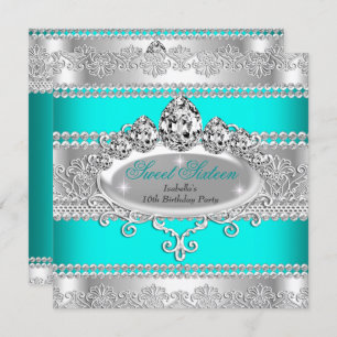 Elegant Sweet 16 Birthday Princess Teal Blue Tiara Invitation