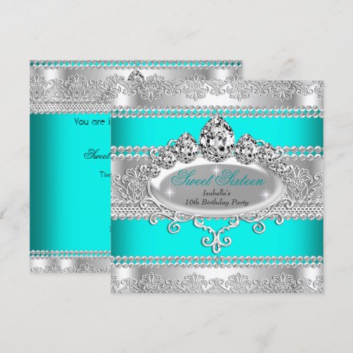 Elegant Sweet 16 Birthday Princess Teal Blue Tiara 5.25x5.25 Square Paper Invitation ...