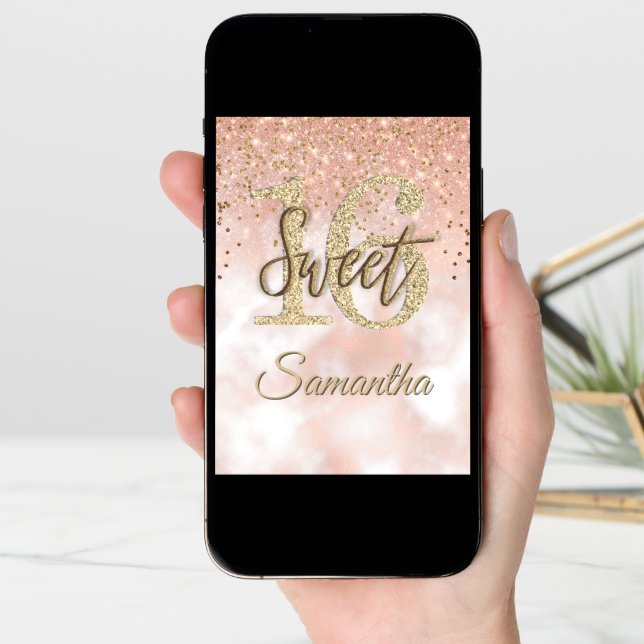 Elegant Sweet 16 Birthday Rose Gold Glitter Card (Front Digital)