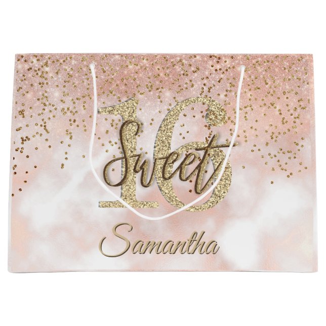 Elegant Sweet 16 Birthday Rose Gold Glitter Large Gift Bag (Front)