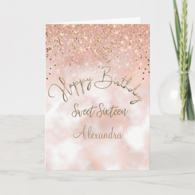 Elegant Sweet 16 Birthday Rose Gold Sparkle Card (Front)