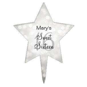 Elegant Sweet 16 Birthday Silver Glitter Lights Cake Topper