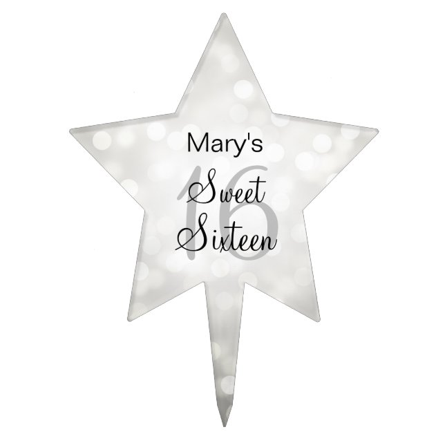 Elegant Sweet 16 Birthday Silver Glitter Lights Cake Topper (Front)
