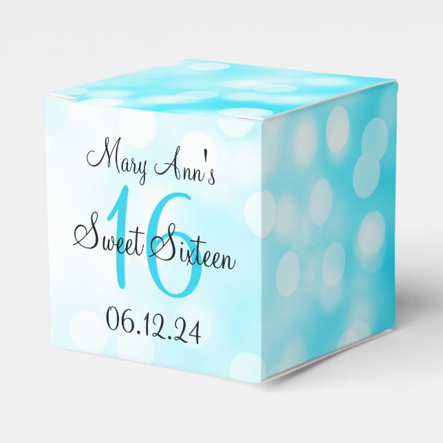 Elegant Sweet 16 Birthday Turquoise Glitter Lights Favor Boxes (Front Side)
