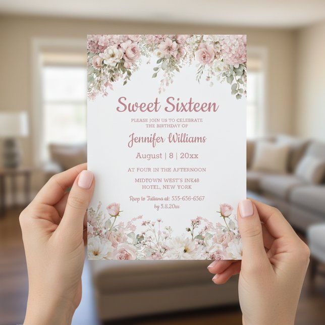 elegant sweet 16 birthday watercolor pink floral  invitation (Creator Uploaded)