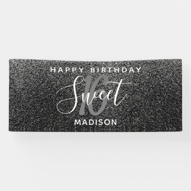Elegant Sweet 16 Black Silver Faux Glitter Name Banner (Horizontal)