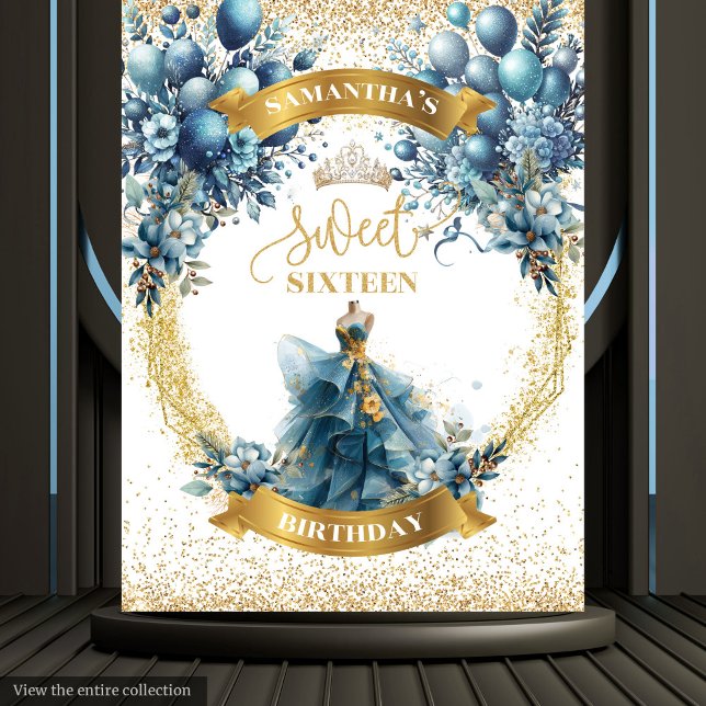 Elegant Sweet 16 Blue Gold Watercolor Glitter Tapestry (Elegant Sweet 16 Blue Gold Watercolor Glitter Tapestry)