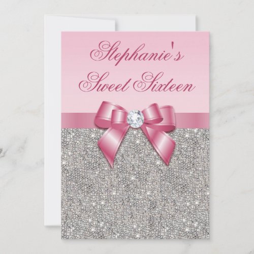 Elegant Sweet 16 Faux Silver Sequins Pink Bow Custom Invitations