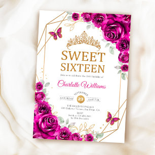 Elegant Sweet 16 Fuchsia Pink Roses Gold Invitation