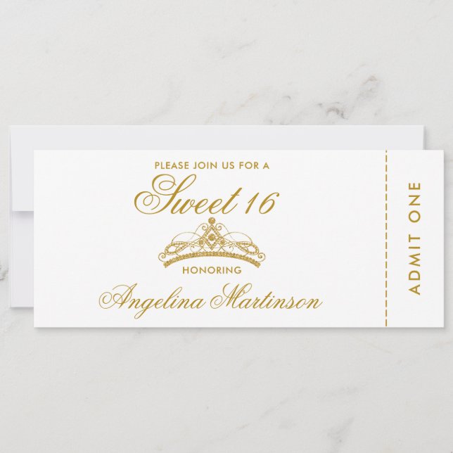 Elegant Sweet 16 Gold and White Ticket Invitation (Front)