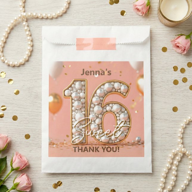Elegant Sweet 16 Gold Pearl Pink Balloons Favor Bag (Creator Uploaded)