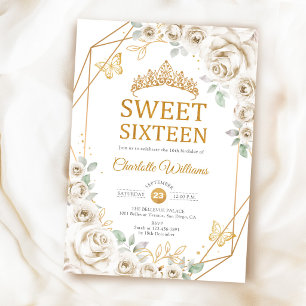 Elegant Sweet 16 Ivory Cream Roses Gold Invitation