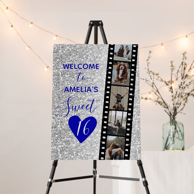 Elegant Sweet 16 Navy & Silver Welcome Photo Sign (In Situ (Stand))