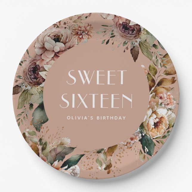 Elegant Sweet 16 Party | Chic Dusty Peach Floral Paper Plates (Front)