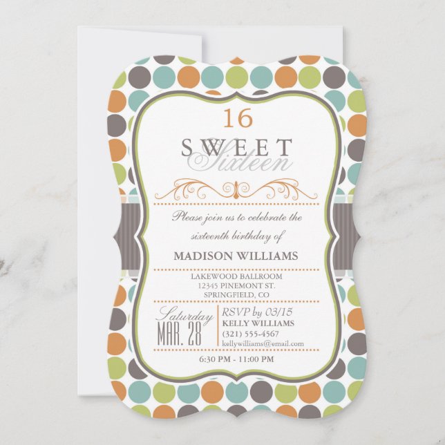 Elegant Sweet 16 Party Invite; Retro Dots Invitation (Front)