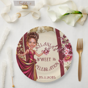 Elegant Sweet 16 Photo Caricature with Gold Accent Paper Plates