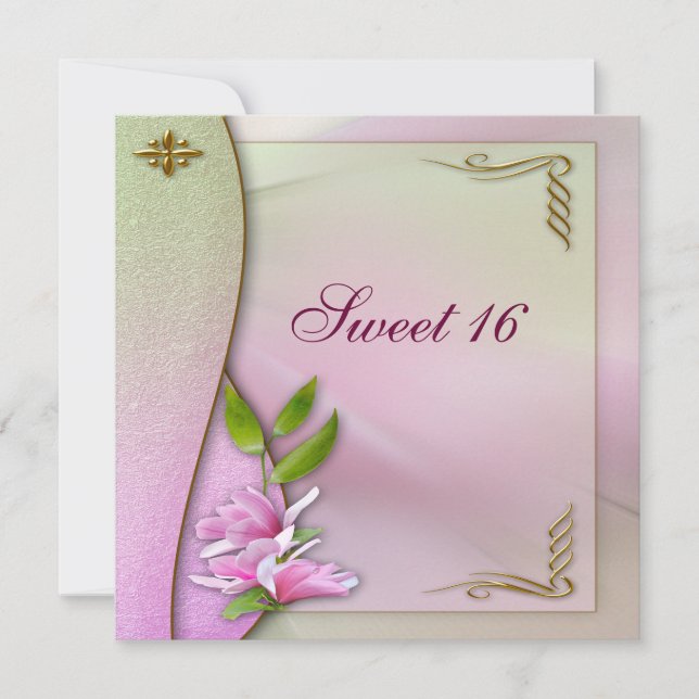 Elegant Sweet 16 Pink Magnolia Invites (Front)