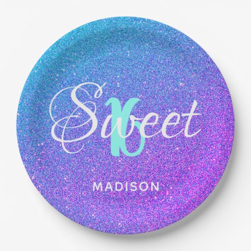 Elegant Sweet 16 Purple Blue Glitter Personalized Paper Plates