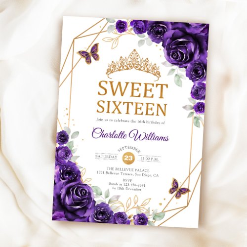 Elegant Sweet 16 Purple Roses Gold Invitation