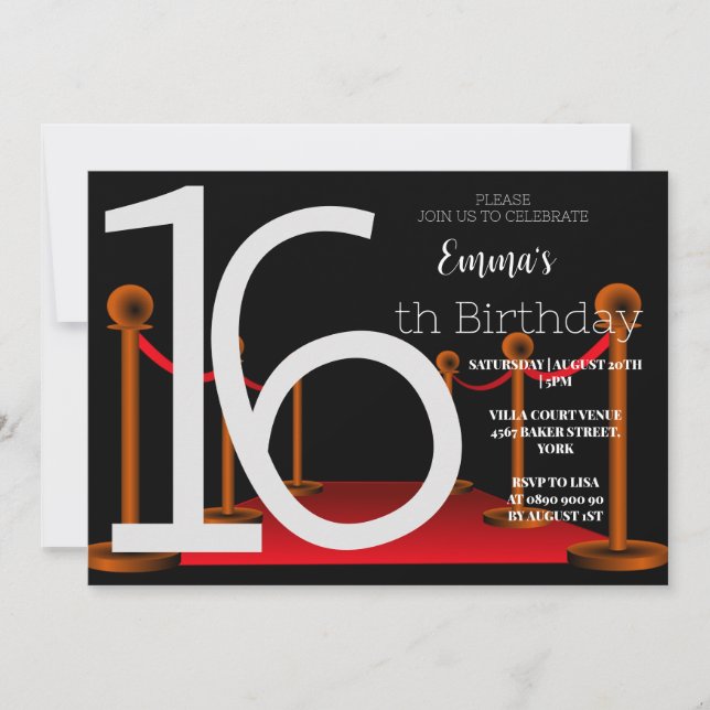 Elegant Sweet 16 Red Black Carpet Hollywood  Invitation (Front)